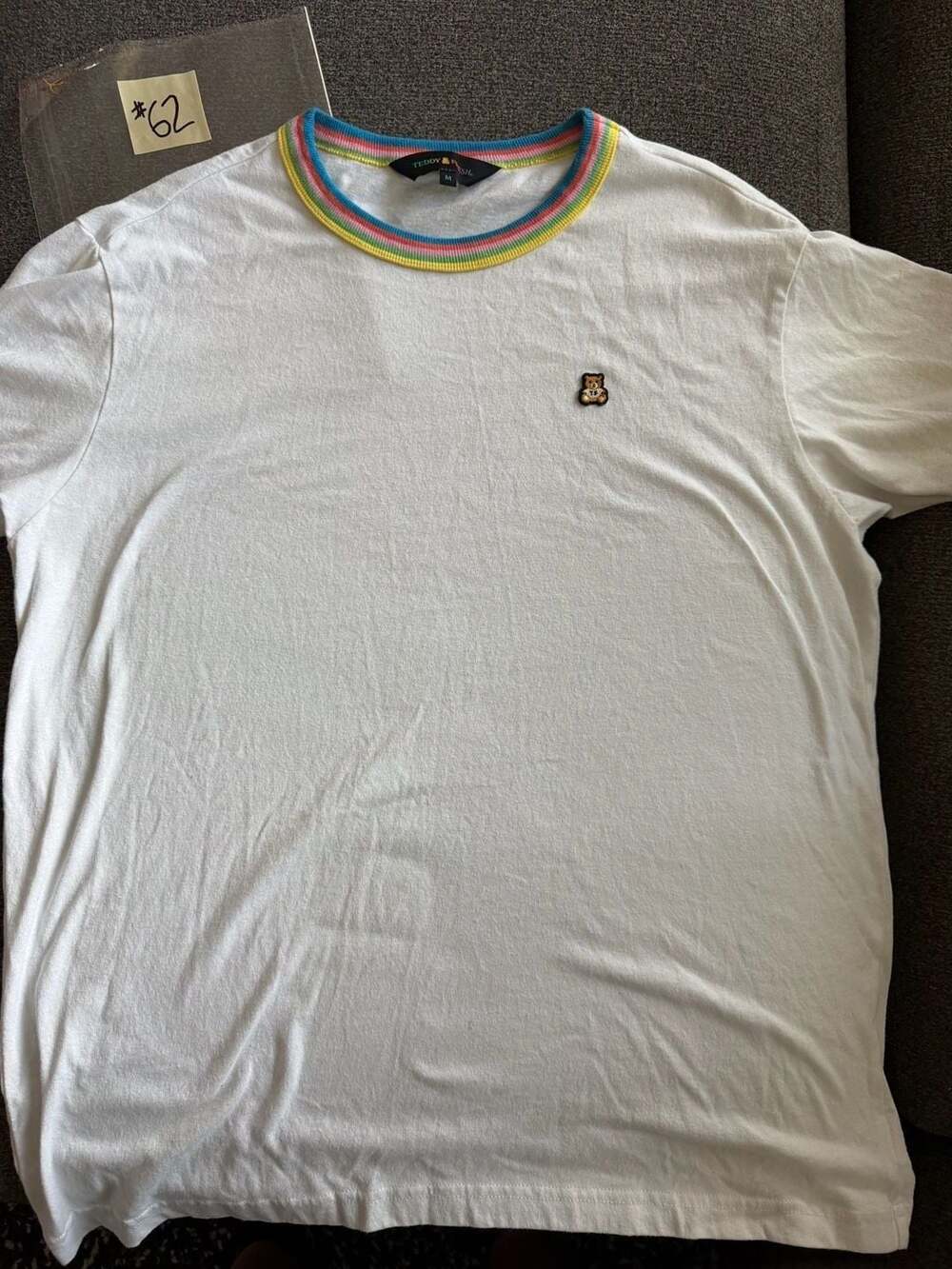 Teddy Fresh White T-Shirt with Rainbow Striped Collar and Cuffs